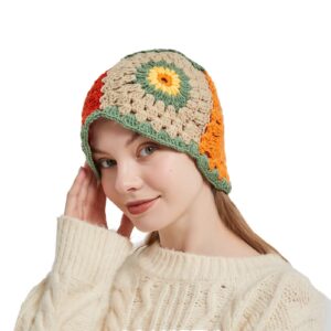 Women Knitted Beanies Cap Boho Knitting Bucket Hats Handmade Cloche Crochet Hats Fishing Hat Striped Floral Checkerboard