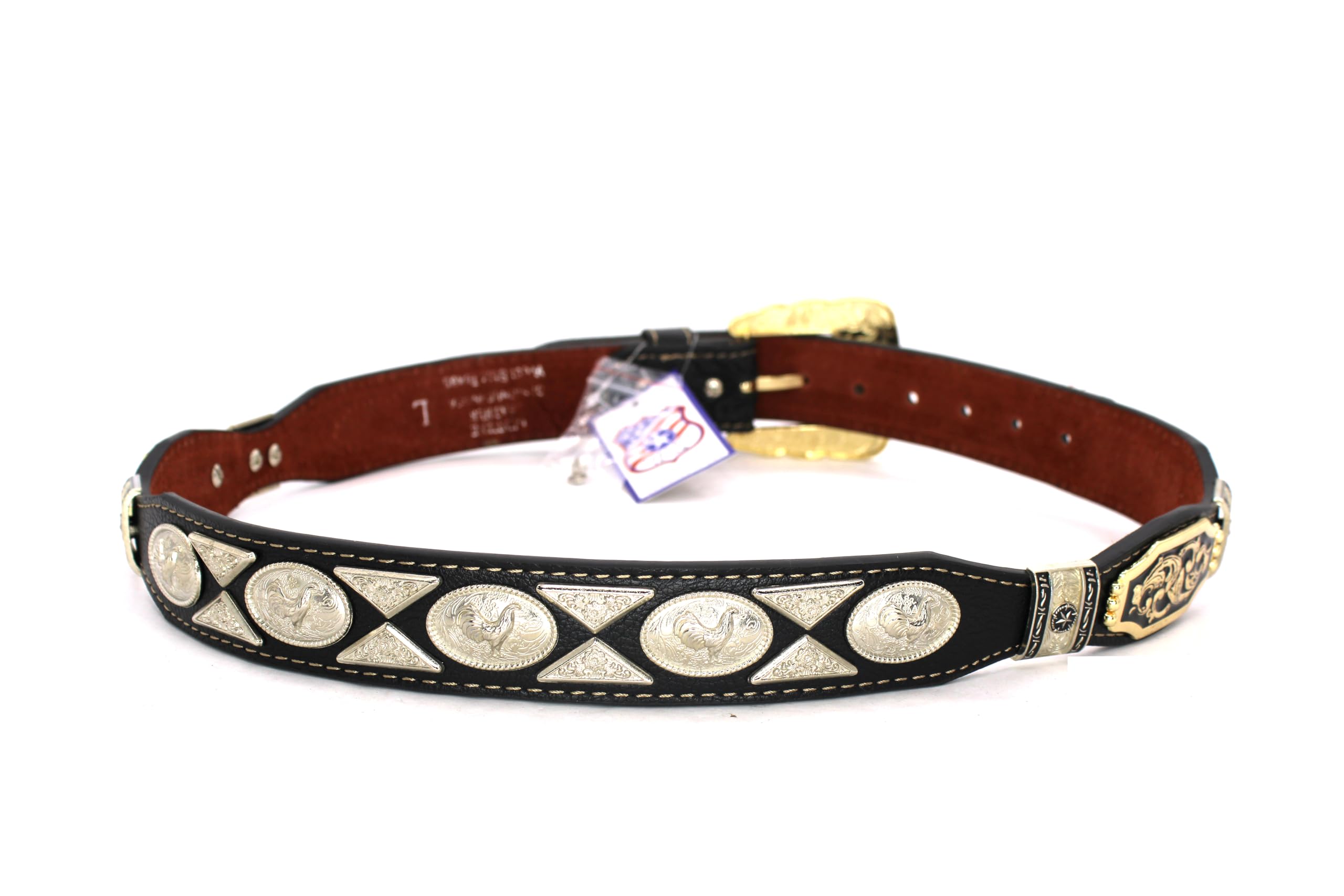 West Star Texas Mens Women Western Cowboy Thick Leather Belt Longhorn Horse Rooster Cowboy Prayer Sheriff Star Emblem 111E Rooster BK Floral L