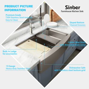 Sinber 33" x 21" x 10" Farmhouse Apron Single Bowl Workstation Kitchen Sink with 16 Gauge 304 Stainless Steel Satin Finish 6 Accessories KSS0004S-OK