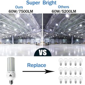 ZP 2 Pack Led Light Bulb 500W Equivalent 7500 Lumen 5000K E26/E27 Medium Base 60W led Bulb for Outdoor Indoor Lamp Area Garage Warehouse Workshop Street Backyard New Upgrade 2 Count (Pack of 1)