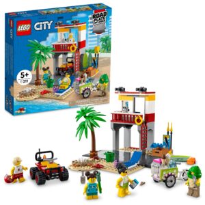 lego city beach lifeguard station 60328 building kit for ages 5+, with 4 minifigures and crab and turtle figures (211 pieces)