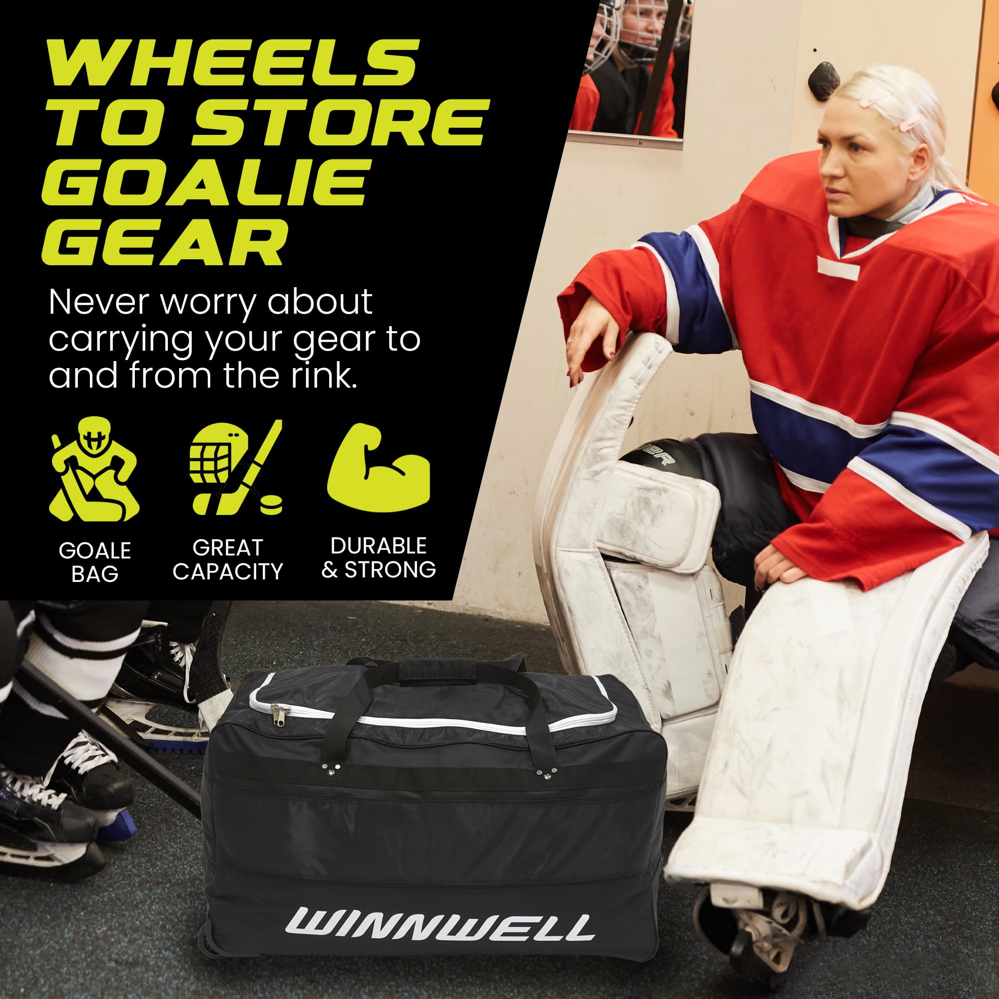 Winnwell Hockey Wheel Goalie Bag - Large Equipment Bag With Wheels To Store Goalie Gear - Made For Ice & Field Hockey Goalies - Senior