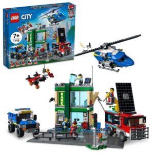 lego city police chase 60317 bank with helicopter, drone and 2 truck toys for kids 7 plus years old, 2022 adventures series building sets