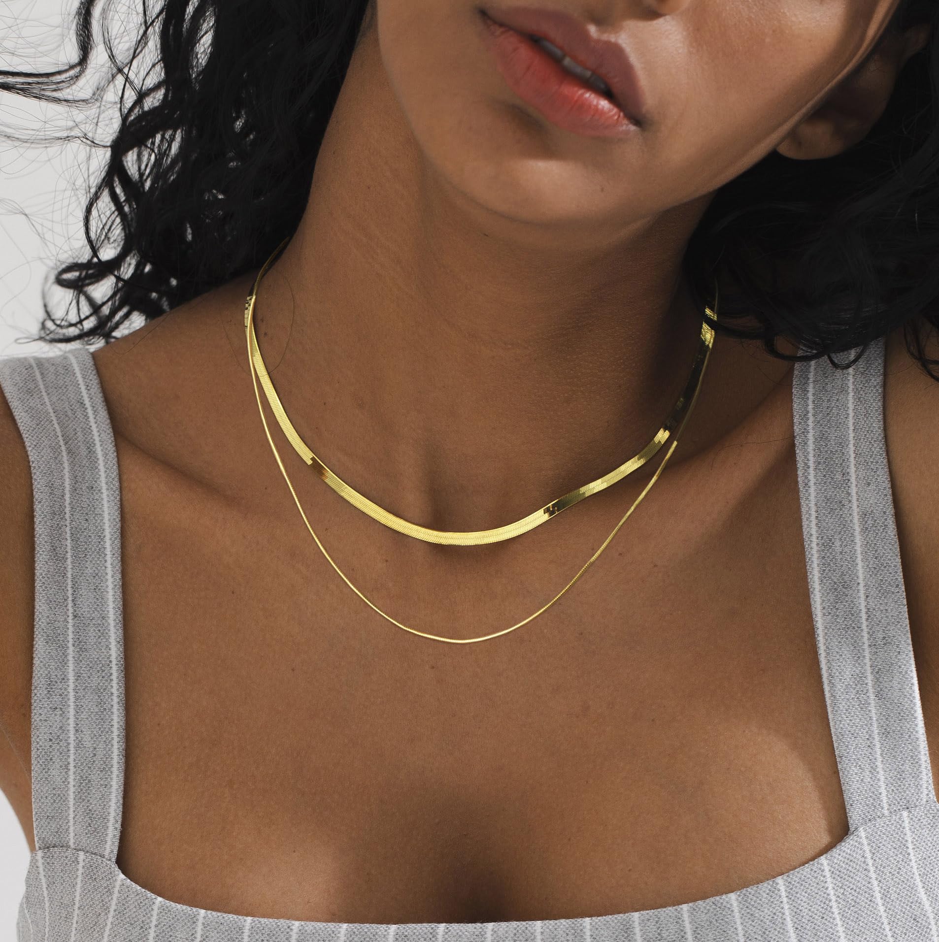 Tewiky 14k Gold Plated Herringbone Layered Necklace Set - Dainty Chain Choker for Women and Women