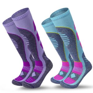 AII Thermal Ski Socks Mens and Women（2 Pairs）,Cross Country Skis Snowboard socks for Skiing Outdoor socks (1Purple+1Blue, Large)