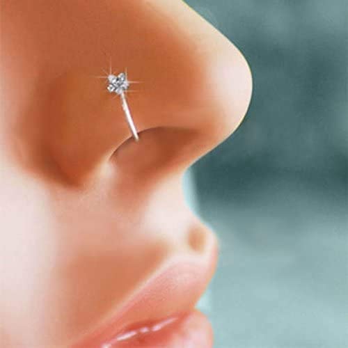 Sdouefos Small Thin Flower Clear Crystal Nose Ring Stud Hoop-Sparkly Crystal Nose Ring