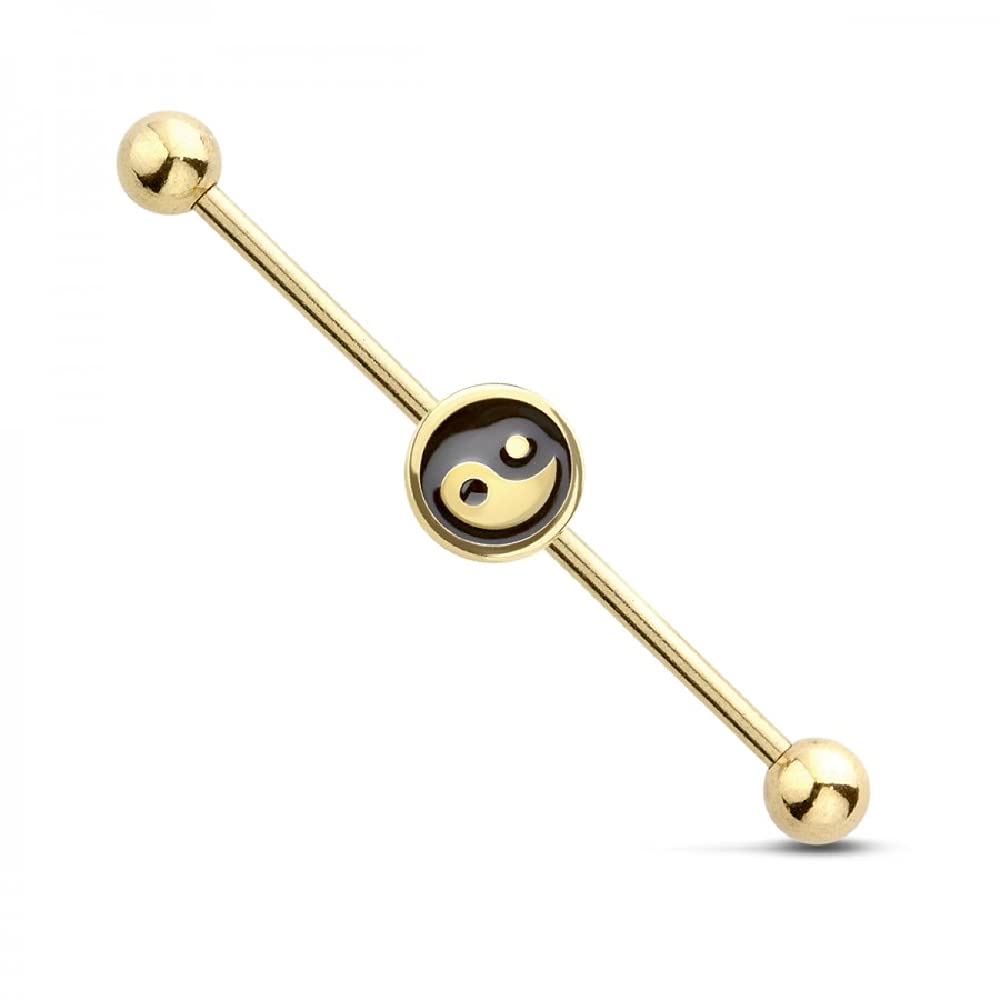 Pierced Owl 14GA Ying Yang Balance of Life 316L Surgical Stainless Steel Industrial Cartilage Barbell (Gold Tone)