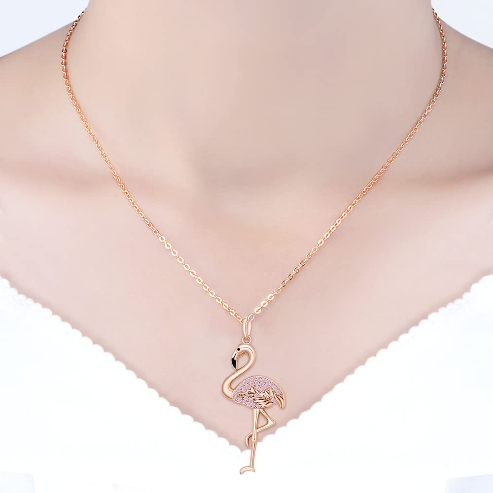 Flamingo Necklace 925 Sterling Silver Animal Bird Rose Gold Plated Crystal Jewelry Pink Flamingo Necklaces for Women Christmas Holiday Gifts