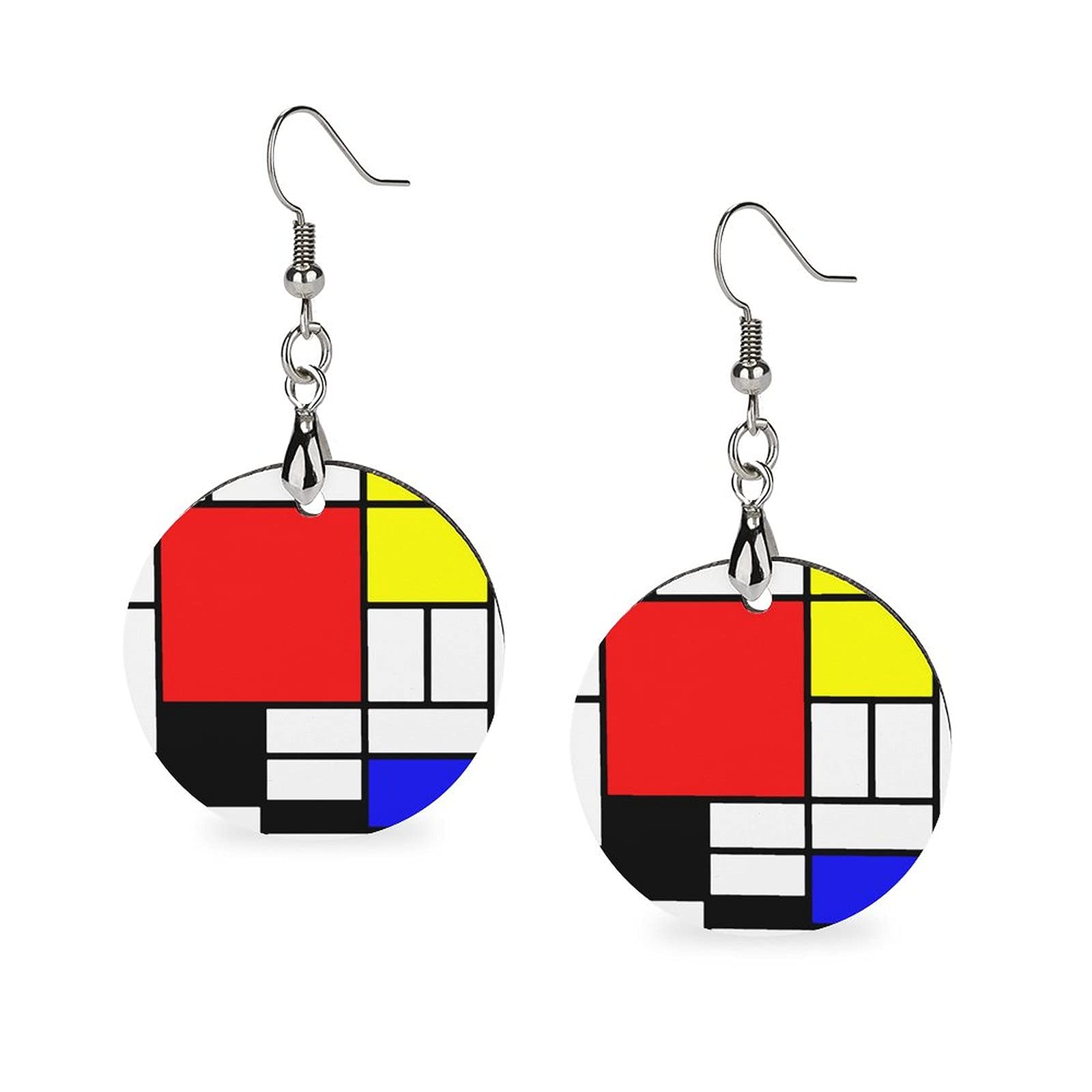 Mondrian Style Round Wooden Earrings Pendant Retro Dangle For Women Girl's