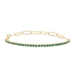 emerald tennis bracelet for women, paper clip-styled link chain in 18k 1-micron yellow gold-plating over 925 sterling silver, women's eternity bracelet with created emerald stones, 7" link chain