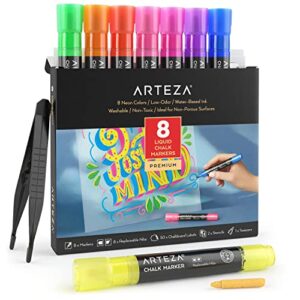 arteza liquid chalk markers, set of 8 neon colors, chalkboard pens for blackboard, whiteboard, windows, mirrors, glass, restaurant menu, sighs