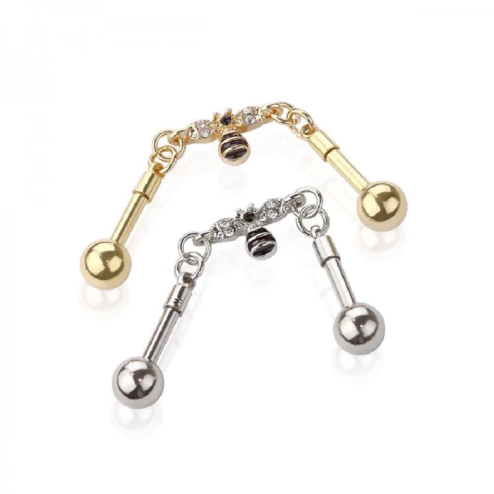 Pierced Owl 14GA Chain Link CZ Paved Bee 316L Surgical Stainless Steel Industrial Cartilage Barbell (Steel)