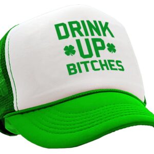 Drink UP Bitches - st Patricks Day Party Paddy - Vintage Retro Style Trucker Cap Hat (Neon Green)