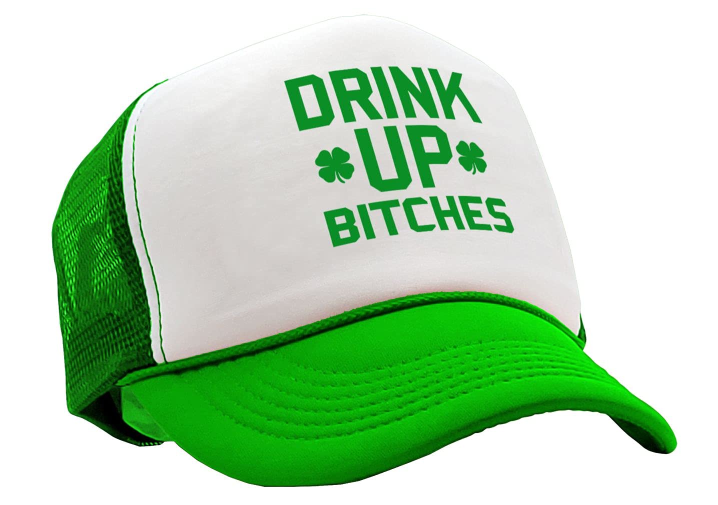 Drink UP Bitches - st Patricks Day Party Paddy - Vintage Retro Style Trucker Cap Hat (Neon Green)