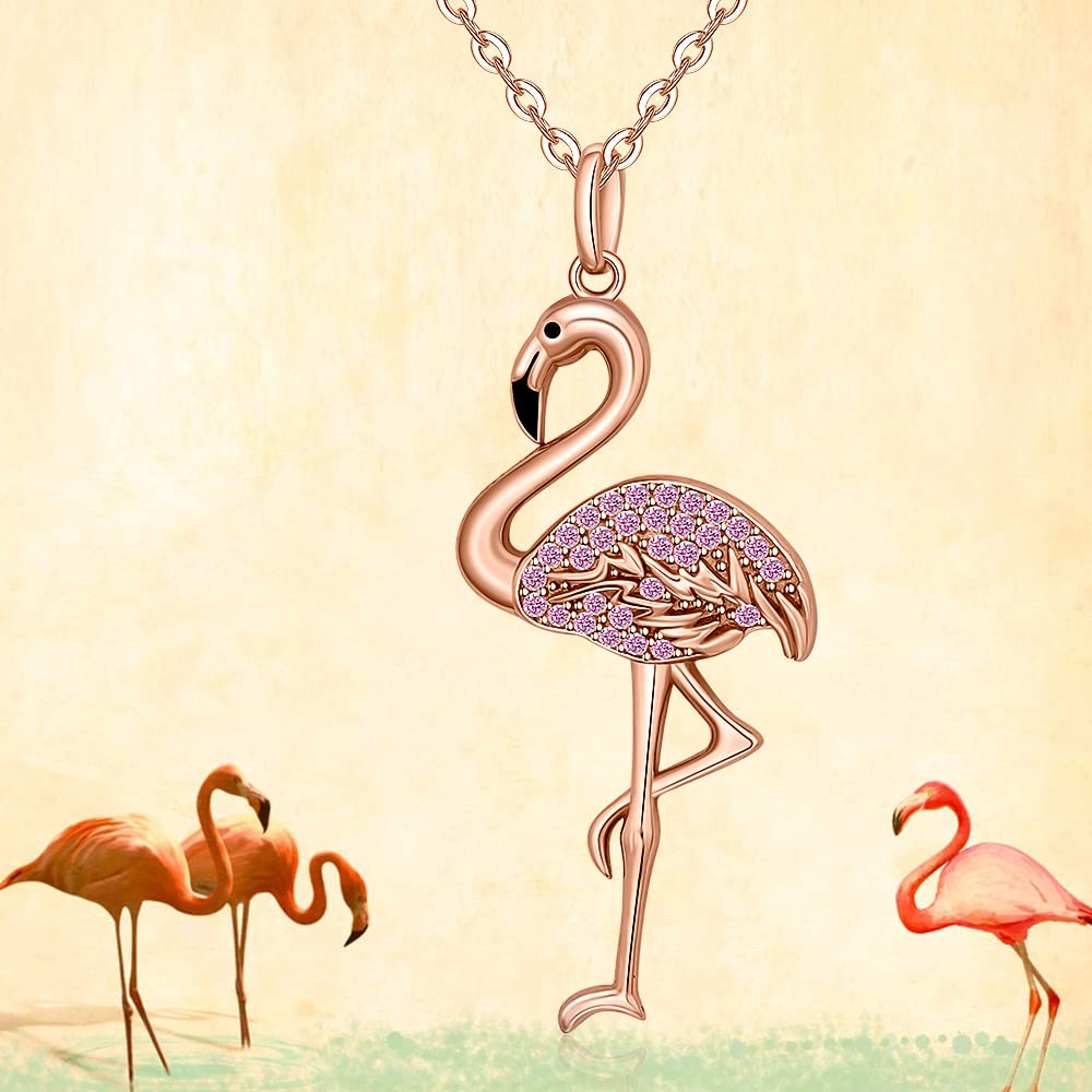 Flamingo Necklace 925 Sterling Silver Animal Bird Rose Gold Plated Crystal Jewelry Pink Flamingo Necklaces for Women Christmas Holiday Gifts