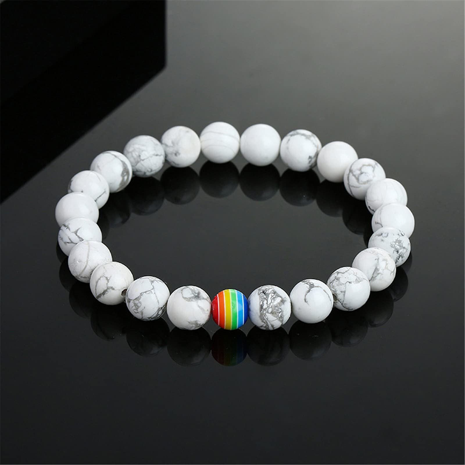 LGBT Natural Stone Bead Stretchy String Lesbian Gay Pride Bracelet Handmade Adjustable Rainbow Gemstone Seed for Men Women Friend LGBTQ Friendship Jewelry Birthday Gift-A black white