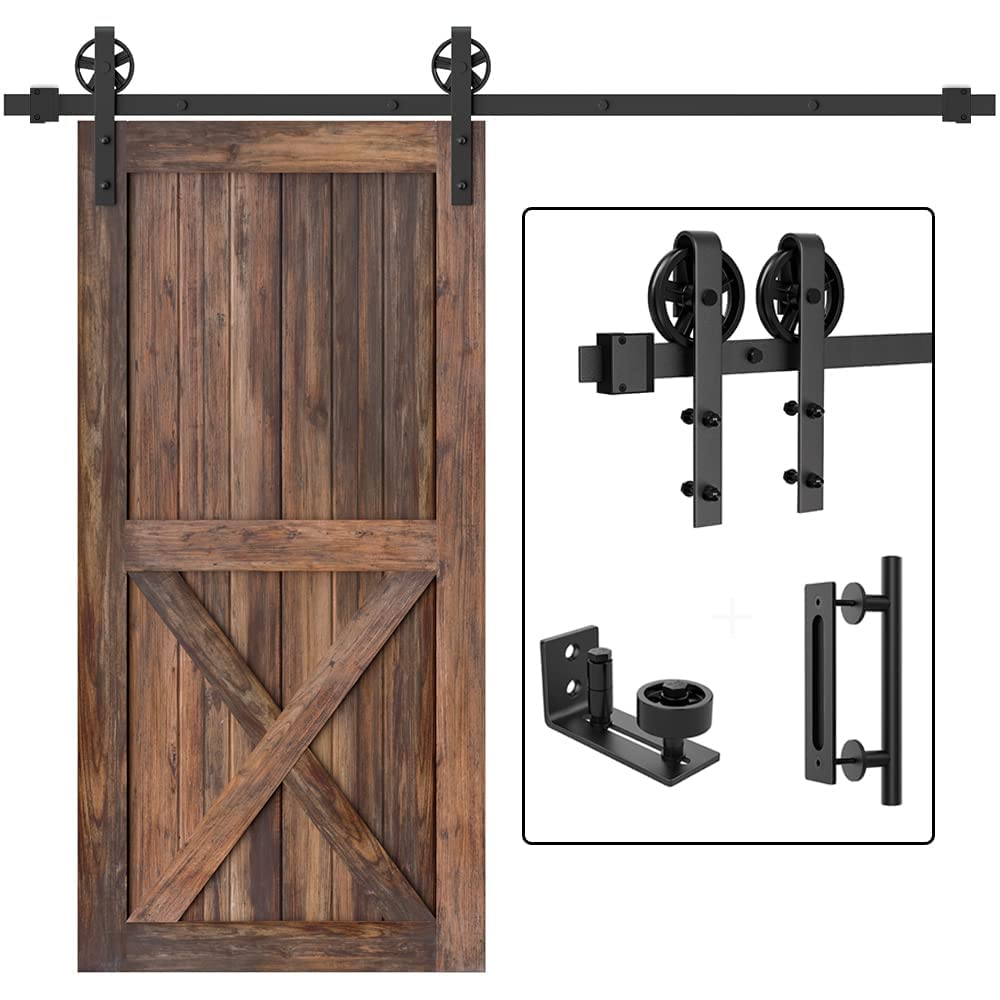 WINSOON 8FT Single Door Sliding Barn Door Hardware Kit with 1pc Barn Door Handle Set with 1pc Adjustable Floor Guide