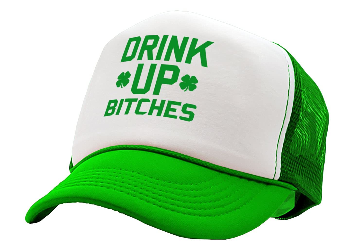 Drink UP Bitches - st Patricks Day Party Paddy - Vintage Retro Style Trucker Cap Hat (Neon Green)