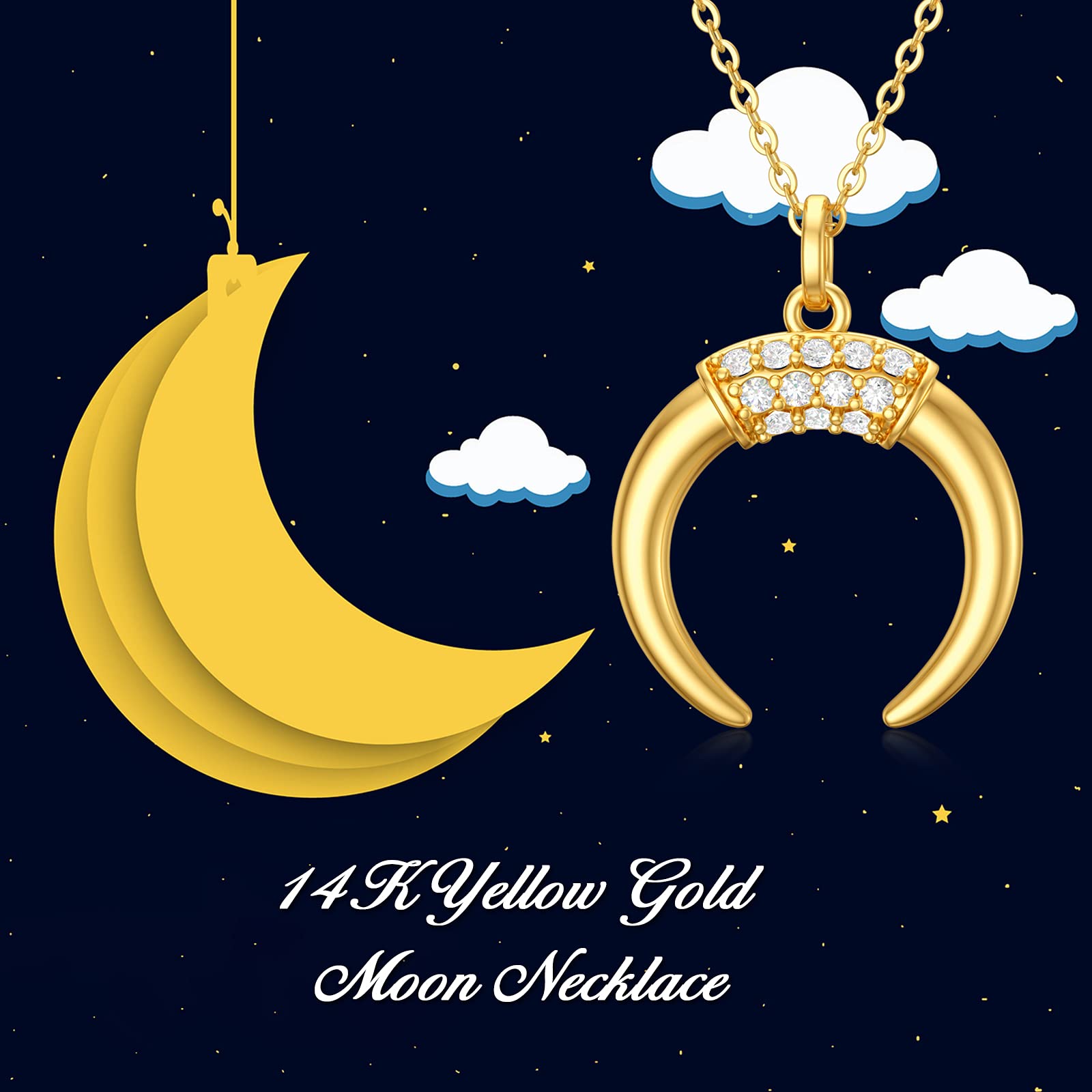 SISGEM 14K Real Gold Moon Pendant Necklace for Women,I Love You to The Moon and Back,Yellow Gold Half Moon Necklaces,Anniversary Present for Her Wife Mom 16''+2''