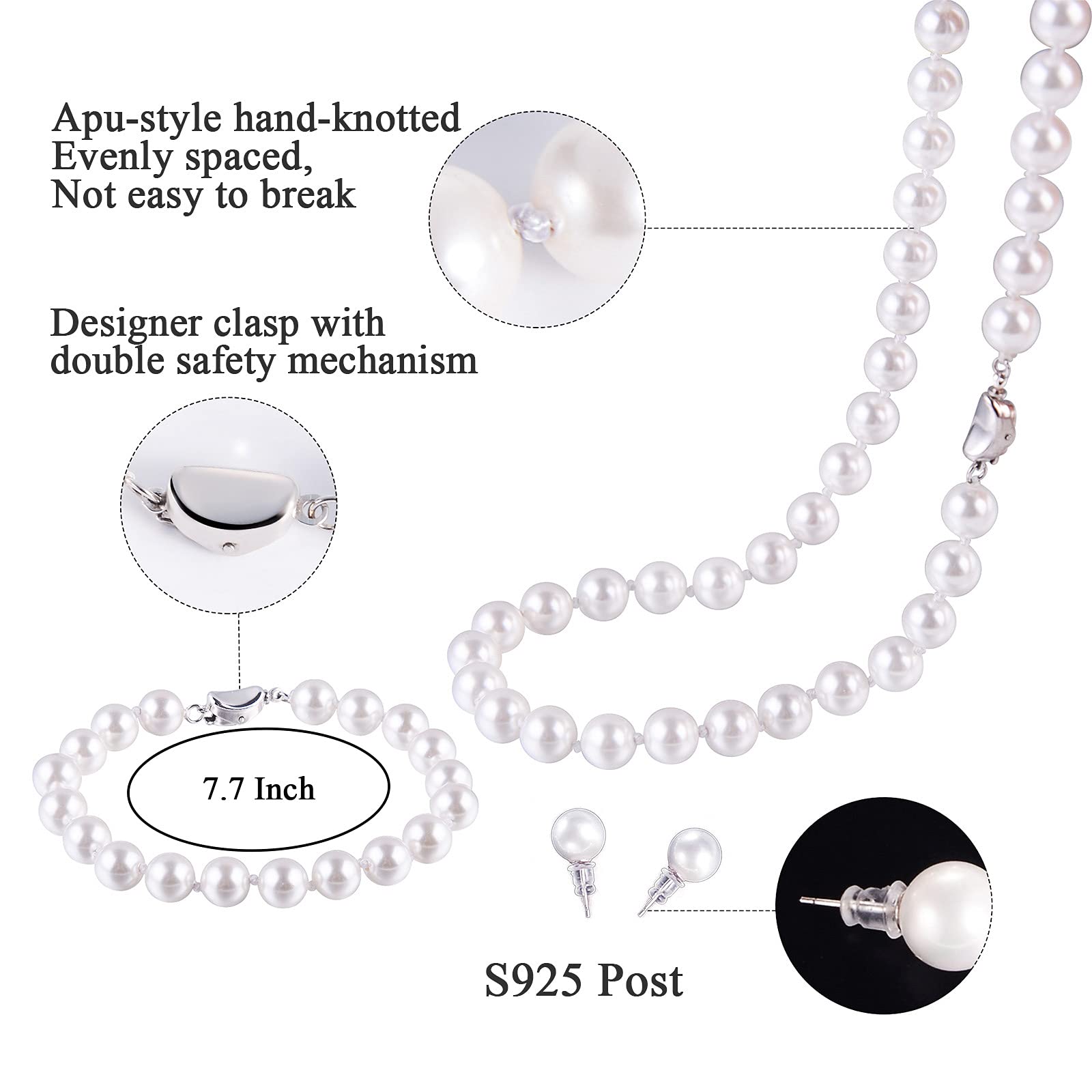 Senteria Pearl Necklace and Earring Set|Simulated Shell Pearl Choker Necklace for Women Men |Wedding Gifts for Brides Bridesmaid 16-22 Inch 6-8mm Hand Knotted Pearl Strand with Fine Gifts Box