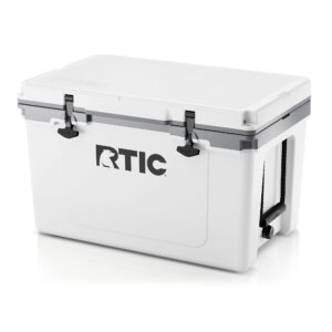 rtic ultra-light 52 quart hard cooler insulated portable ice chest box for beach, drink, beverage, camping, picnic, fishing, boat, barbecue, 30% lighter than rotomolded coolers, white & grey