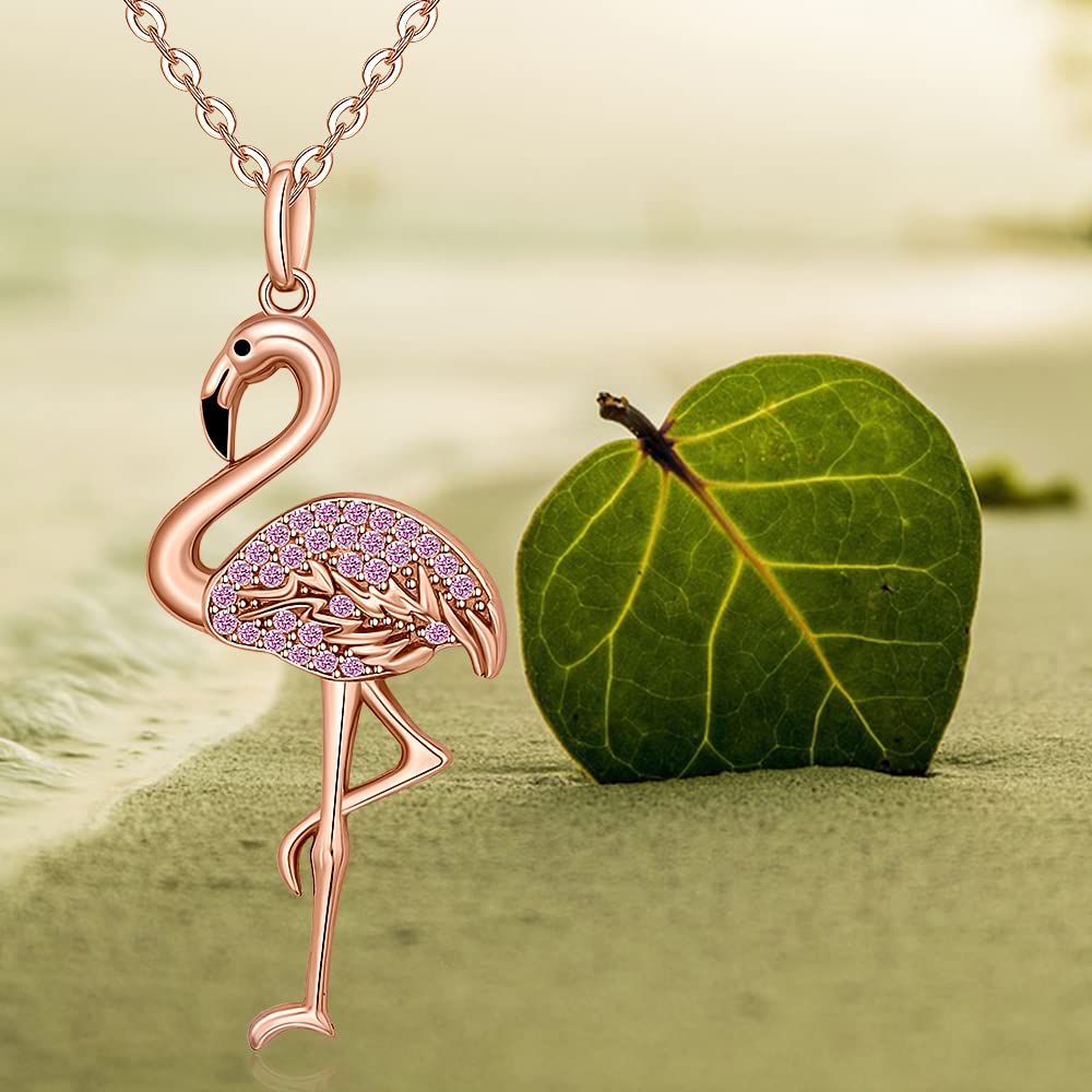 Flamingo Necklace 925 Sterling Silver Animal Bird Rose Gold Plated Crystal Jewelry Pink Flamingo Necklaces for Women Christmas Holiday Gifts