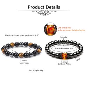 Jovivi 2 Pcs Hematite Black Obsidian Tiger Eye Stone Bracelets for Men Women 10mm Natural Round Gemstone Beads Beaded Healing Crystal Bracelet for Protection, Good Luck