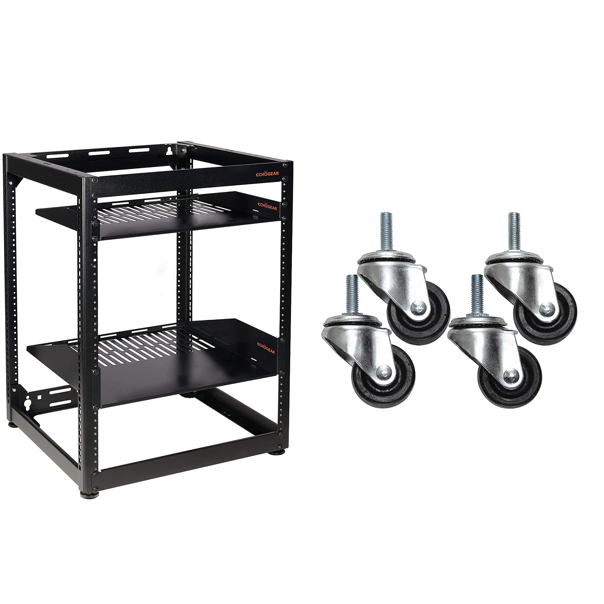 ECHOGEAR 15U Open Frame Rack & Caster Kit - Heavy Duty Rack with Vented Shelves & Easy to Install Wheels