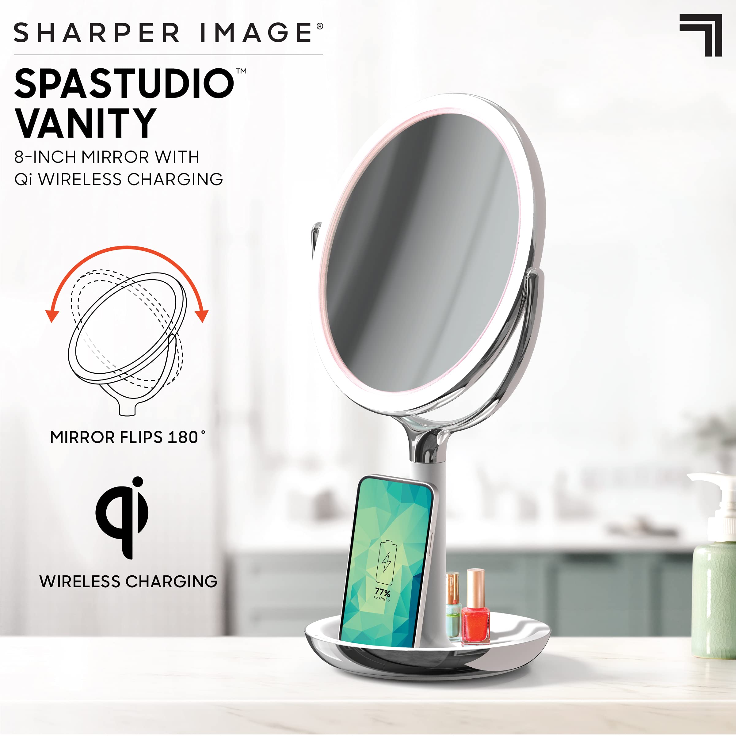 Sharper Image® SpaStudio™ 8” Vanity Mirror - Wireless Qi Charging Pad, Dimmable LED Halo Light Ring, 10X & 5X Magnification, Cosmetic Makeup Skincare Essential, Aesthetic Room Desk Decor Storage