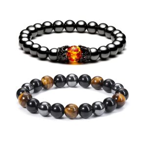 jovivi 2 pcs hematite black obsidian tiger eye stone bracelets for men women 10mm natural round gemstone beads beaded healing crystal bracelet for protection, good luck