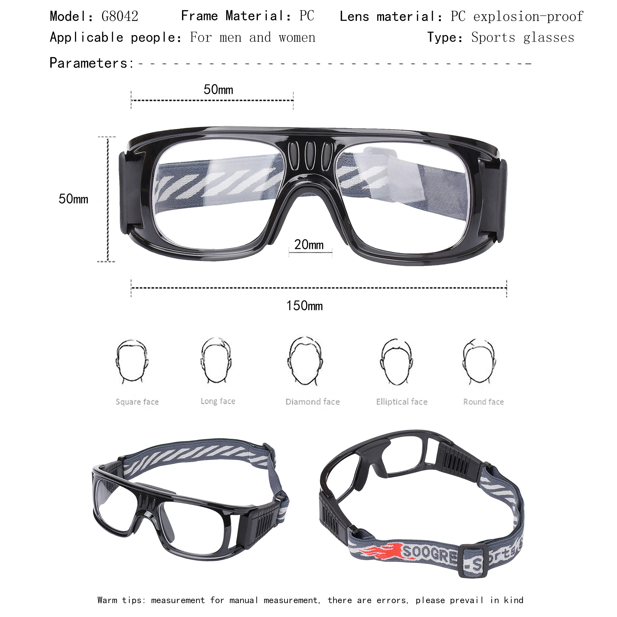 Professional Sports Goggles Glasses Men Women Racquetball Basketball Football Sport Eyewear Protective Glasses Anti-fog Shock Collision Lens Replaceable (Black Frame Black Pad) 8068