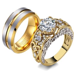 ringcrown 2 rings couple rings matching ring bridal sets 10kt gold plated aaa cz womens wedding ring wing ring tungsten man wedding bands