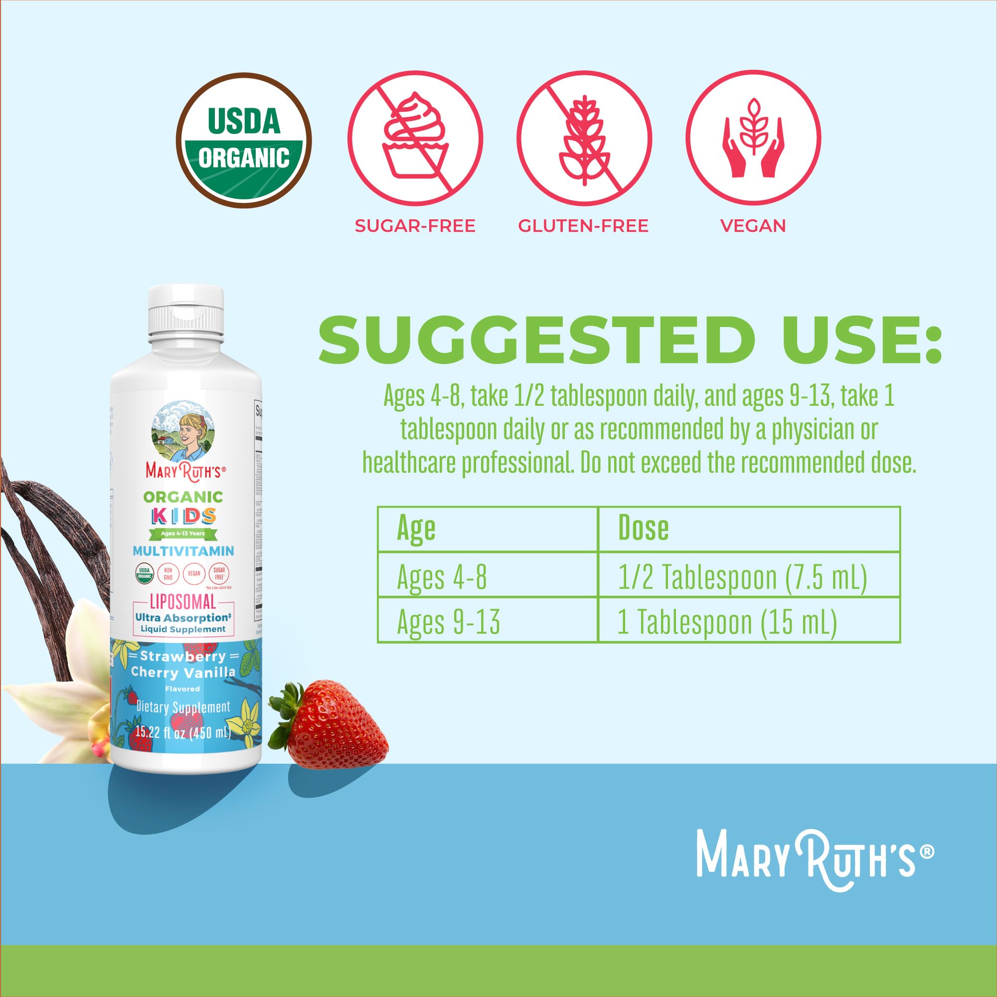 MaryRuth's Kids Multivitamin lipsomal | Vegan, Sugar-Free Vitamins for Kids Ages 2+ | Childrens Vitamins 1-2 Month Supply | Multivitamin for Kids | Multi | Kids Vitamins | 15.22 Fl Oz