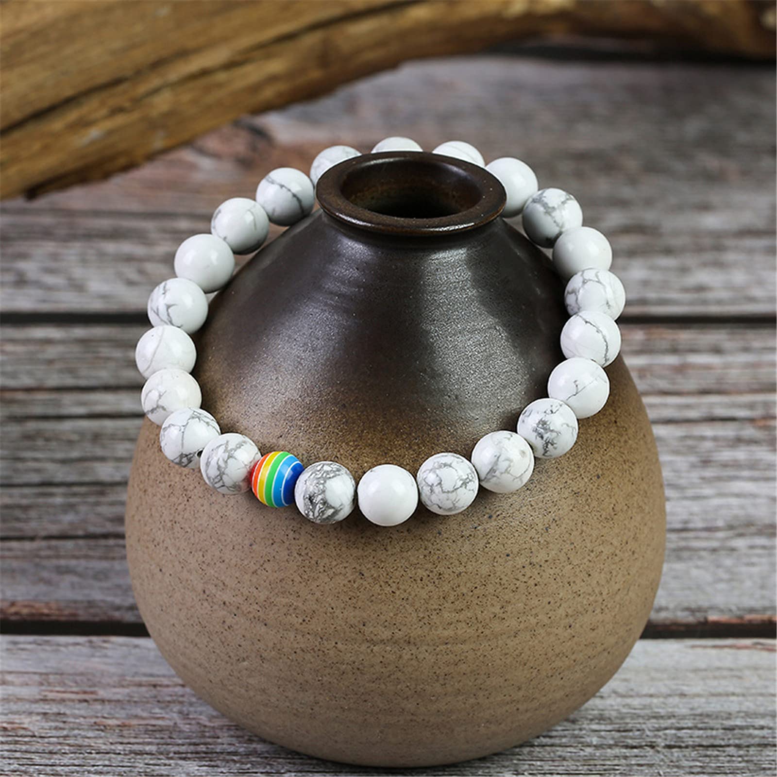 LGBT Natural Stone Bead Stretchy String Lesbian Gay Pride Bracelet Handmade Adjustable Rainbow Gemstone Seed for Men Women Friend LGBTQ Friendship Jewelry Birthday Gift-A black white