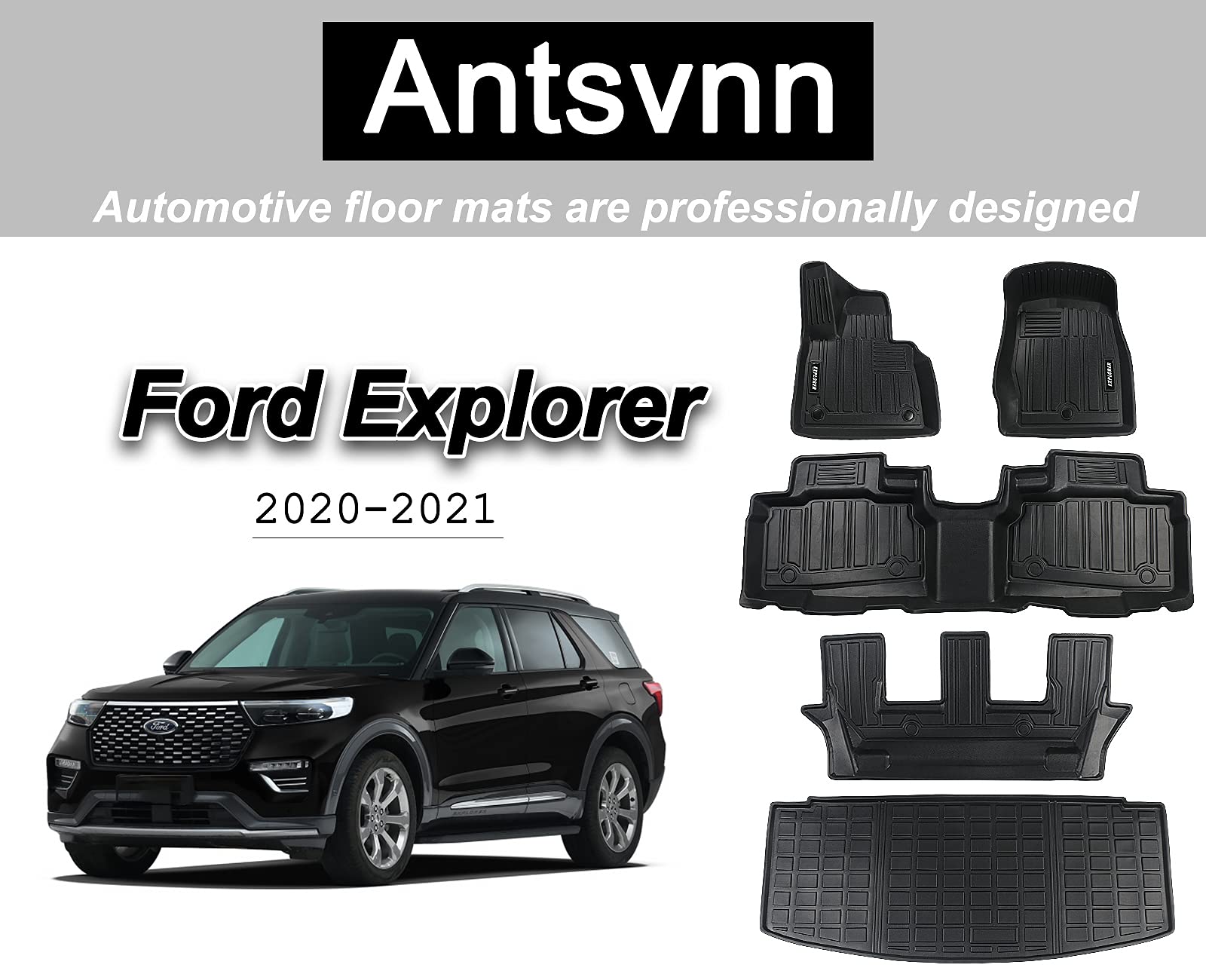 Antsvnn Floor Mats 3 Row & Cargo Liner for 2024 2023 2022 2021 2020 Ford Explorer All-Weather Guard Fits 7 Passenger Models