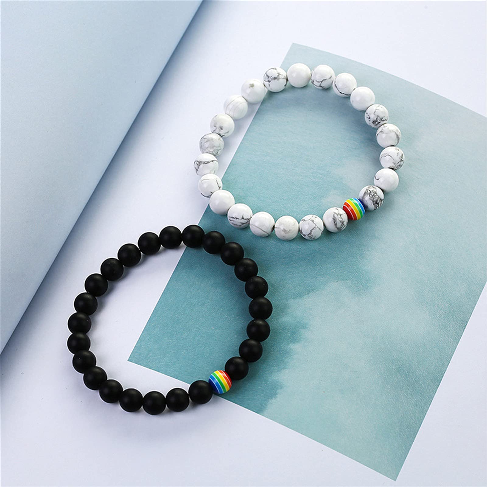 LGBT Natural Stone Bead Stretchy String Lesbian Gay Pride Bracelet Handmade Adjustable Rainbow Gemstone Seed for Men Women Friend LGBTQ Friendship Jewelry Birthday Gift-A black white