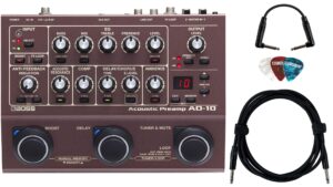 boss ad-10 acoustic preamp bundle with 10ft instrument cable, 6in patch cable, and picks