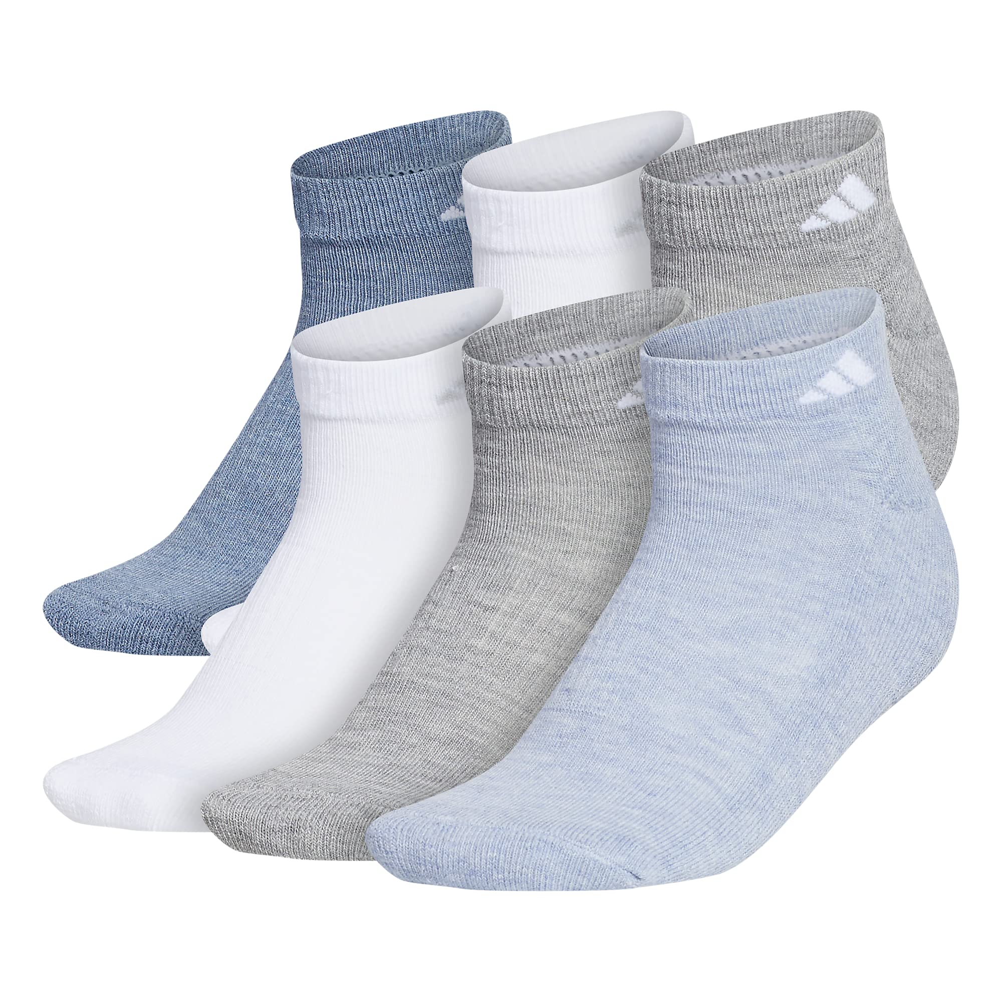 adidas Women's Athletic Cushioned Cut Socks (6-Pair) Low Profile Arch Compression for a Secure Fit, Heather Grey/Washed Denim Blue Heather/White, Medium