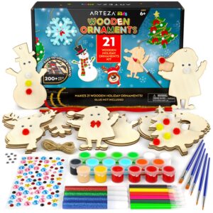 arteza kids wooden christmas ornaments, 21 blank cut-out christmas decorations, over 200 pieces, includes paint, markers, brushes, and accessories, craft supplies for kids’ after school activities