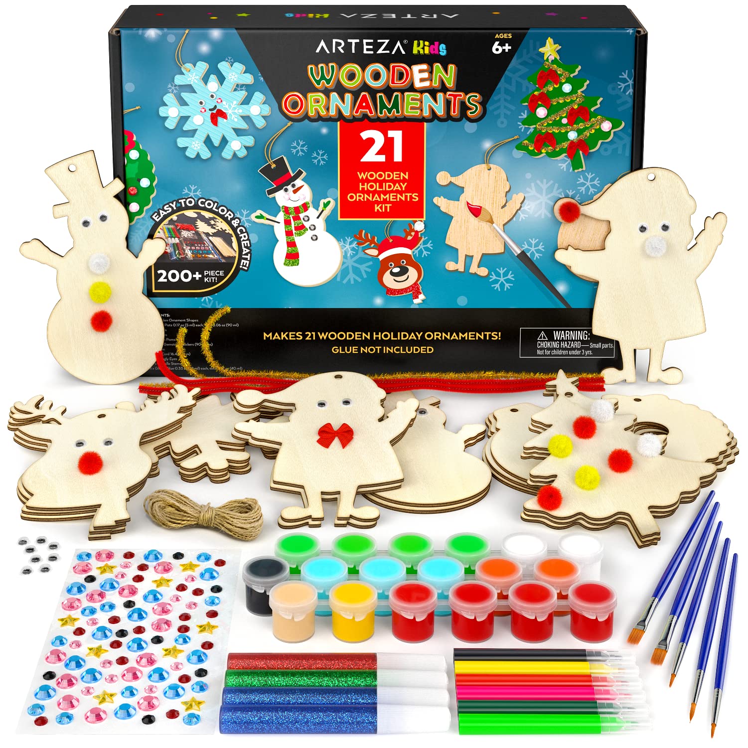 Arteza Kids Wooden Christmas Ornaments, 21 Blank Cut-Out Christmas Decorations, Over 200 Pieces, Includes Paint, Markers, Brushes, and Accessories, Craft Supplies for Kids’ After School Activities