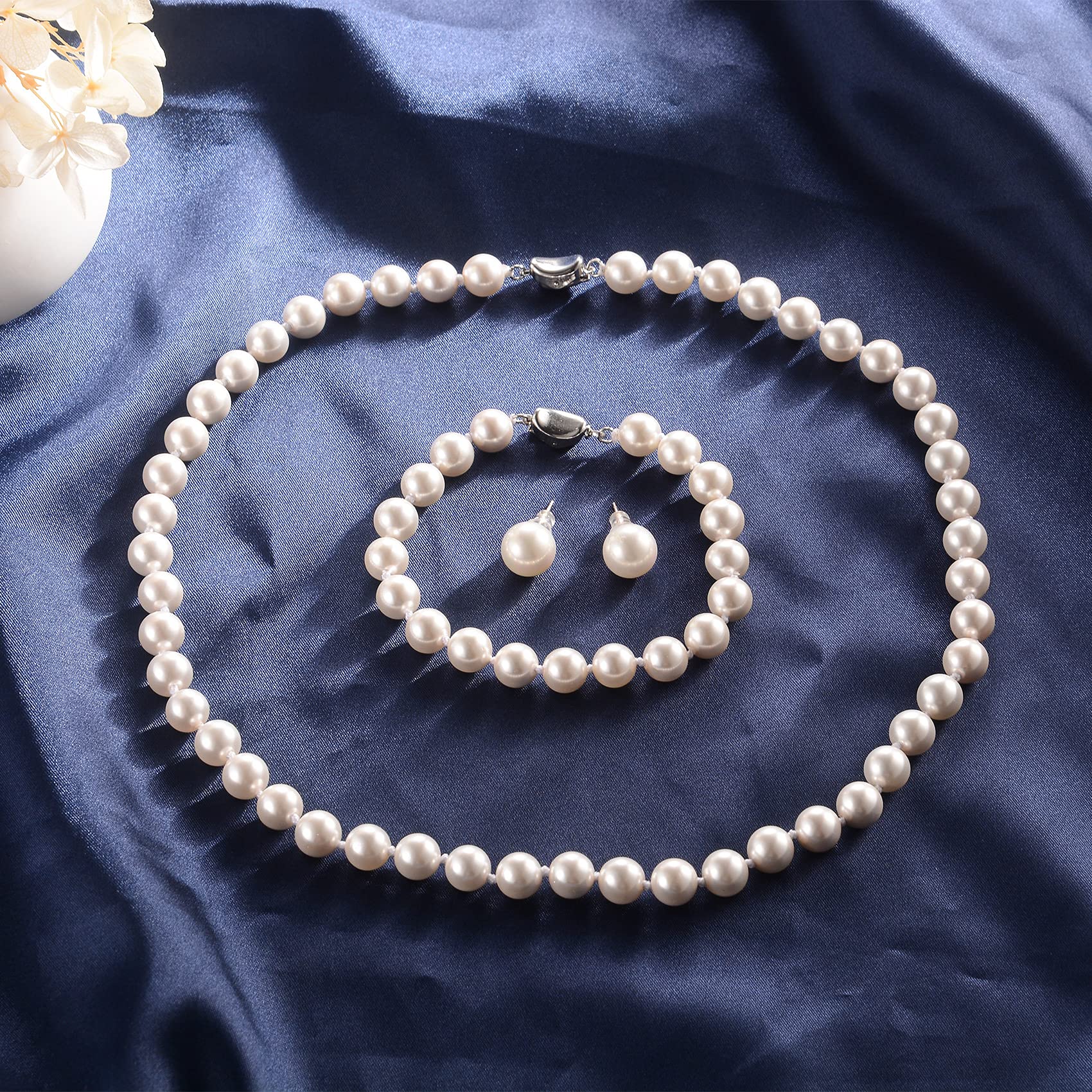 Senteria Pearl Necklace and Earring Set|Simulated Shell Pearl Choker Necklace for Women Men |Wedding Gifts for Brides Bridesmaid 16-22 Inch 6-8mm Hand Knotted Pearl Strand with Fine Gifts Box