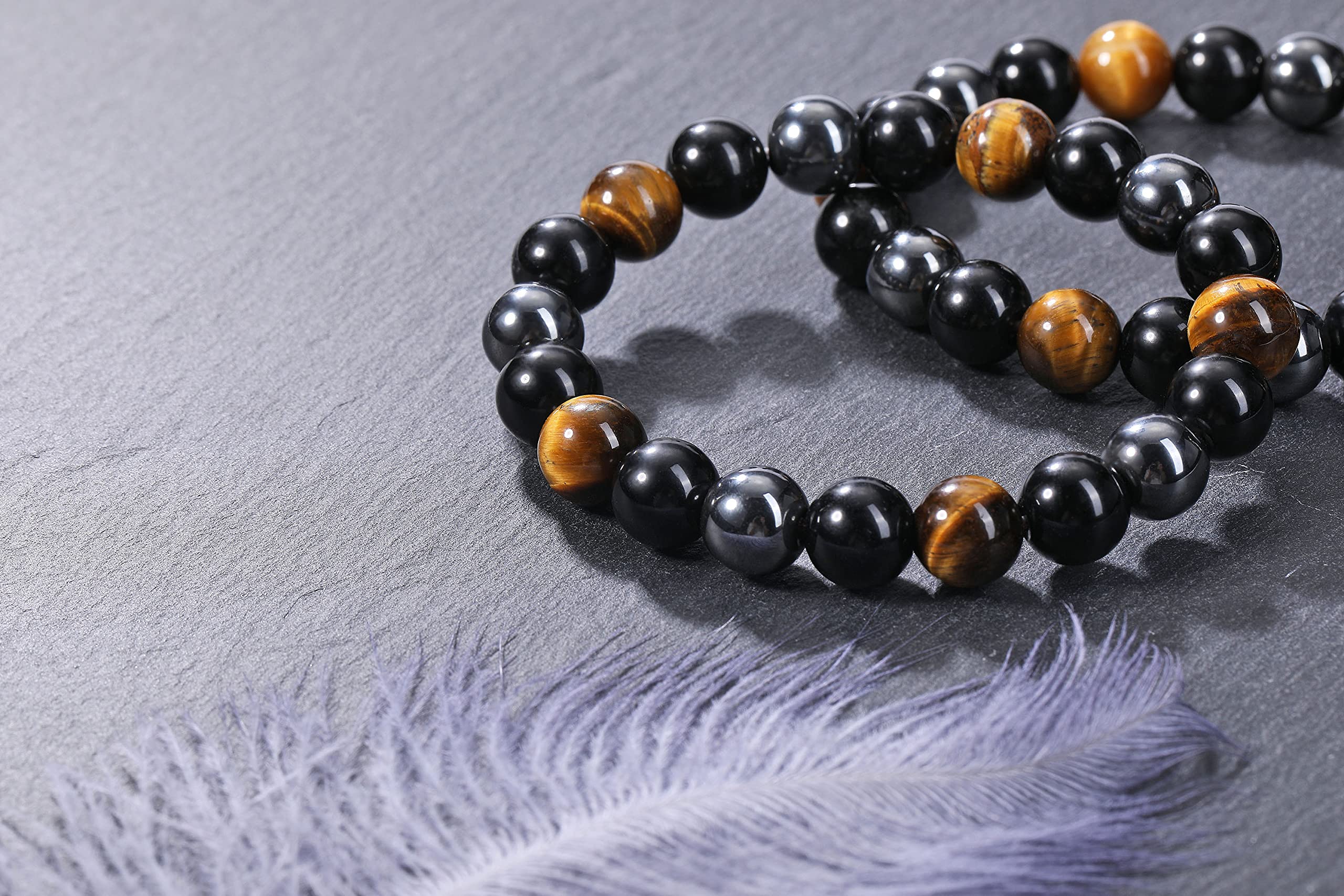 Jovivi 2 Pcs Hematite Black Obsidian Tiger Eye Stone Bracelets for Men Women 10mm Natural Round Gemstone Beads Beaded Healing Crystal Bracelet for Protection, Good Luck