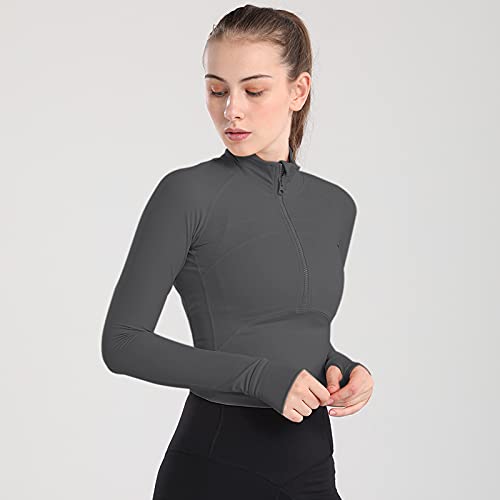 ZHENWEI Workout Jacket for Women Cropped Turtleneck Sports Jackets Long Sleeve Yoga Running Athletic Jacket,DarkGrey,XS