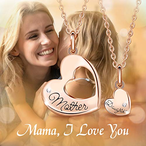 INFUSEU Rose Gold Mother Daughter Necklace Set for 2 for Mama Mom, Sterling Silver Small Dainty Tiny Heart Matching Jewelry for Women Teen Girls