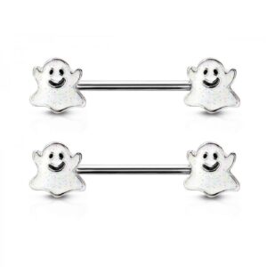 Pierced Owl 14GA 316L Stainless Steel Happy Little Ghost Ends Nipple Barbells, Sold as a Pair (Silver Tone)