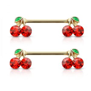 14ga 316l stainless steel lucky double cz cherry ends nipple barbells, sold as a pair (gold tone)