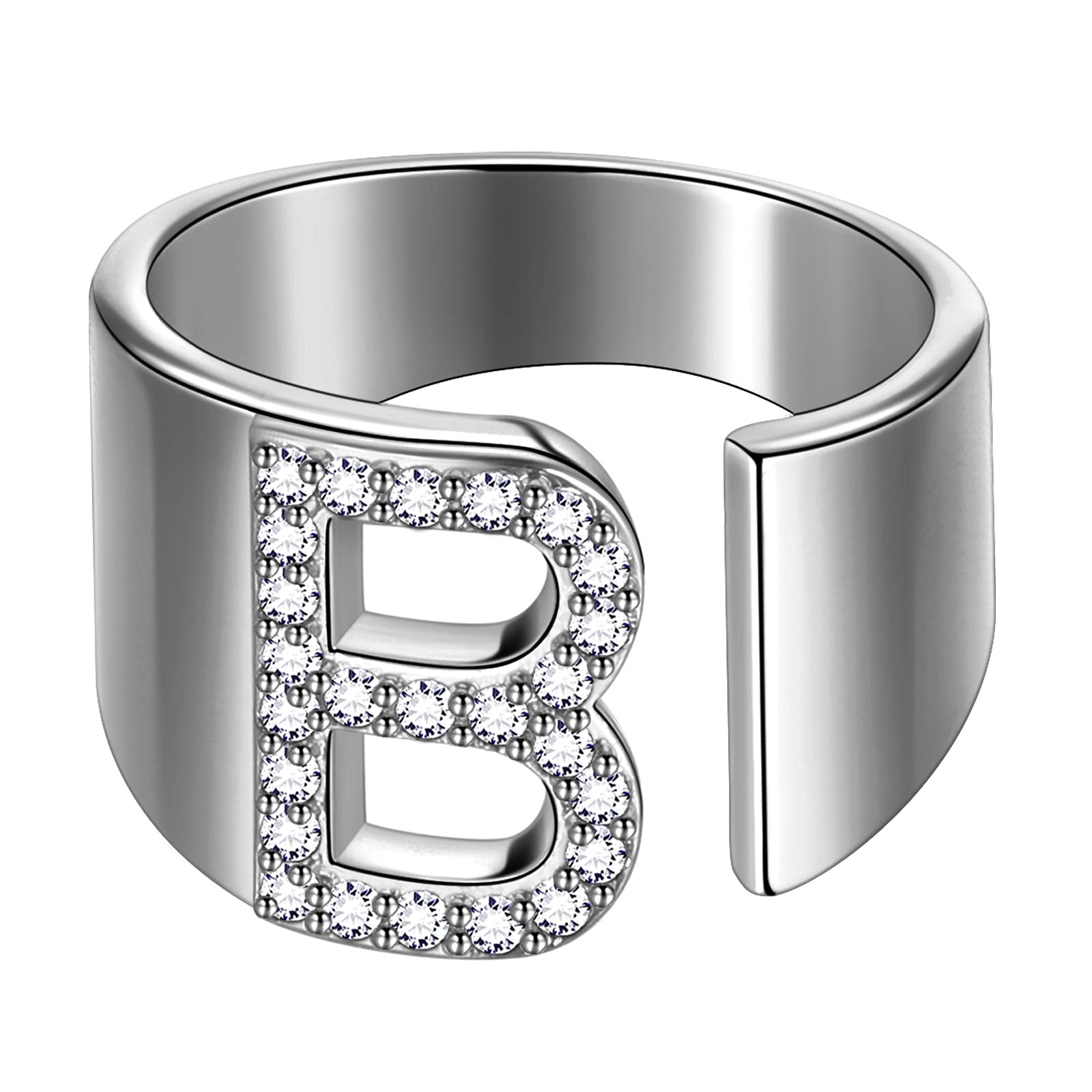 beautlace Letter B Rings Adjustable Silver Plated Initial B Alphabet Open Ring with Cubic Zirconia Jewelry for Men and Women KR0037B-W