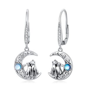 yafeini cats dangle earrings sterling silver crescent moon and moonstone drop earrings jewerly gifts for cats lovers women (cats dangle earrings)