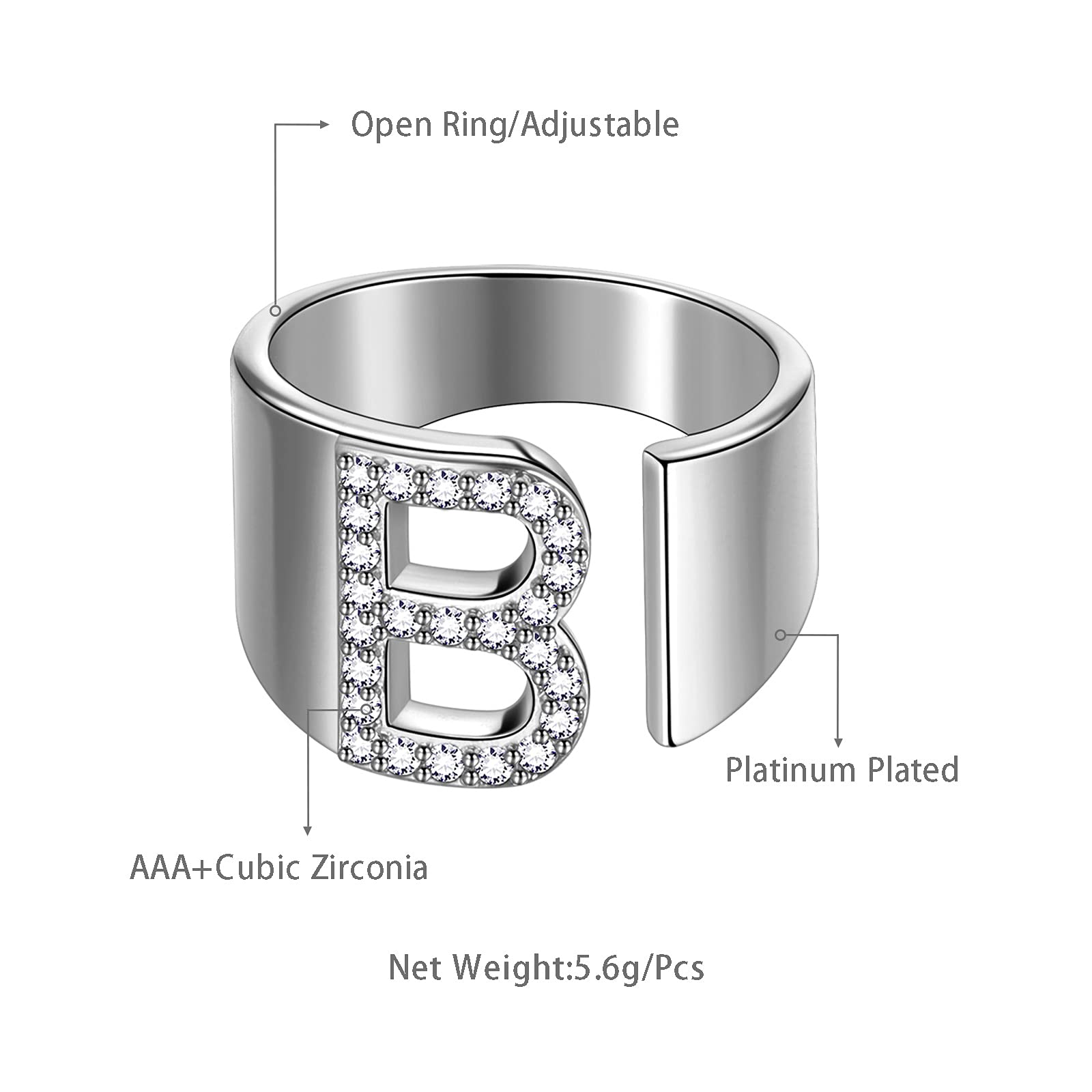 beautlace Letter B Rings Adjustable Silver Plated Initial B Alphabet Open Ring with Cubic Zirconia Jewelry for Men and Women KR0037B-W