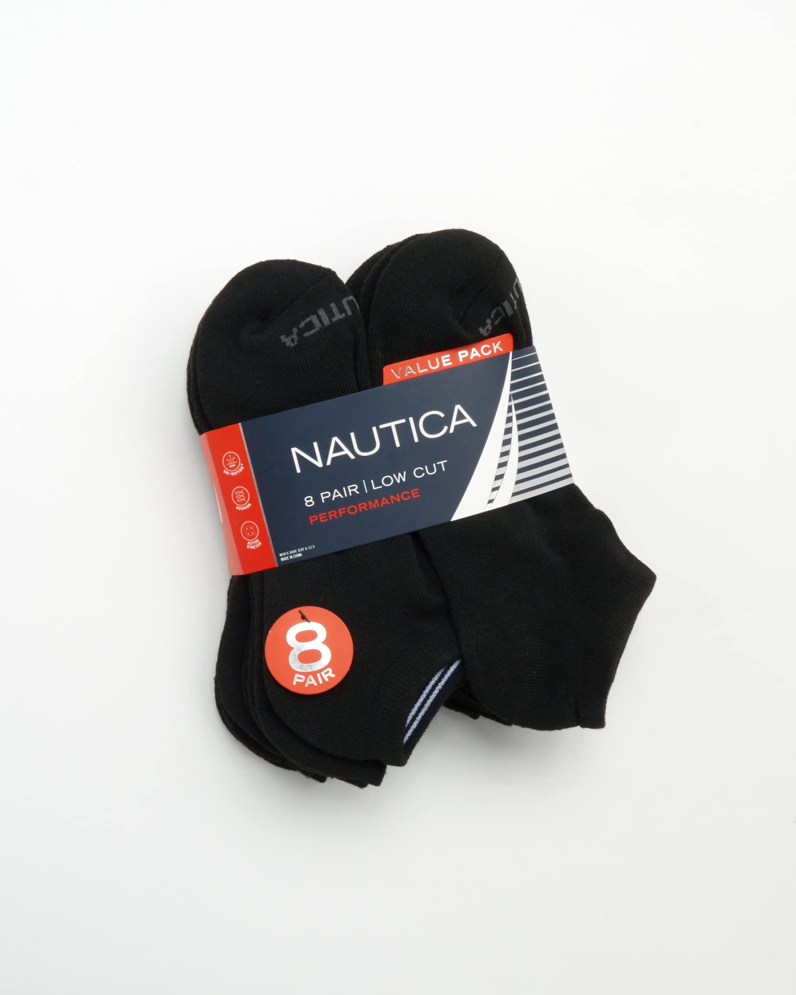 Nautica Men's Athletic Socks - Cushioned Low Cut Socks (8 Pack), Size 6-12.5, Black